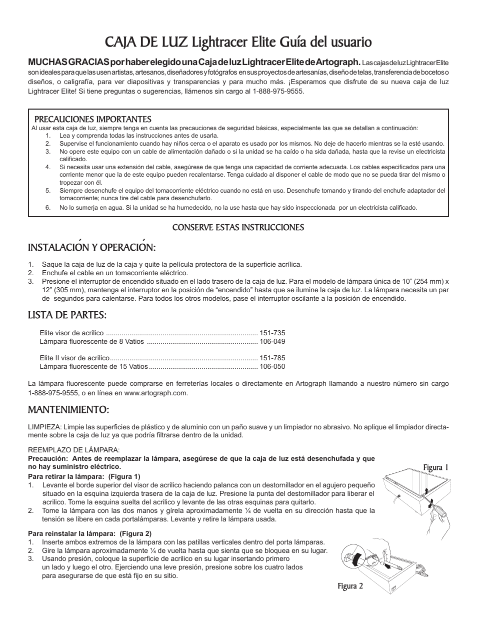 Caja de luz lightracer elite guía del usuario, Instalación y operación, Lista de partes | Mantenimiento | Artograph Light Tracer Elite Light Box User Manual | Page 3 / 4