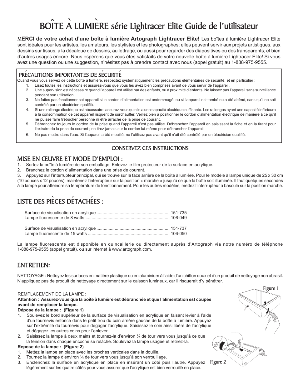 Mise en œuvre et mode d’emploi, Liste des pièces détachées, Entretien | Artograph Light Tracer Elite Light Box User Manual | Page 4 / 4