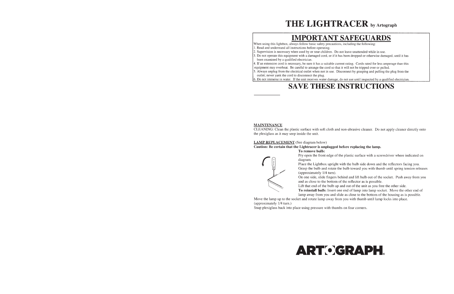 Artograph Light Tracer Light Box User Manual | 2 pages