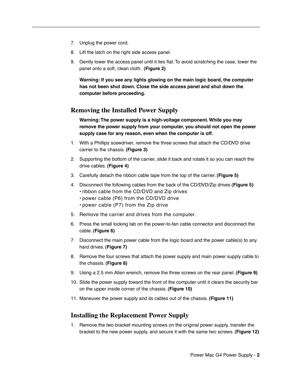 Removing the installed power supply, Installing the replacement power supply | Apple Mac G4 (Power Supply Replacement) User Manual | Page 2 / 11