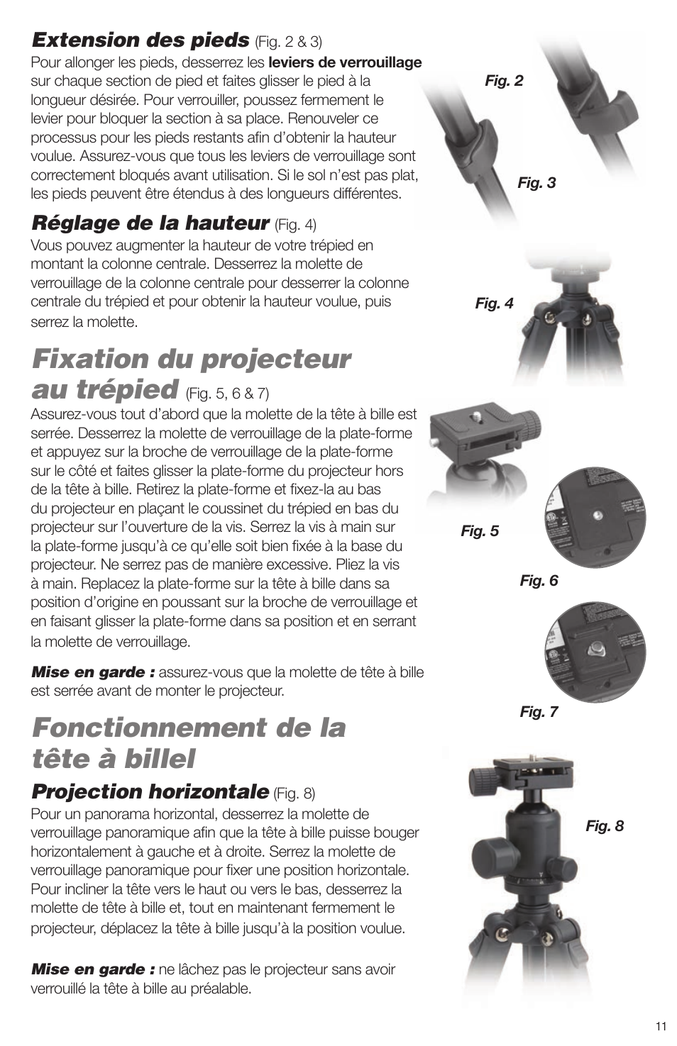 Fixation du projecteur au trépied, Fonctionnement de la tête à billel, Extension des pieds | Réglage de la hauteur, Projection horizontale | Artograph Digital Art Projector Tripod (225-995) User Manual | Page 11 / 12