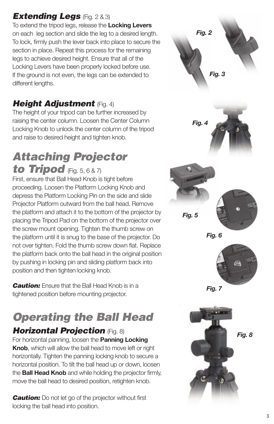 Attaching projector to tripod, Operating the ball head, Extending legs | Height adjustment, Horizontal projection | Artograph Digital Art Projector Tripod (225-995) User Manual | Page 3 / 12