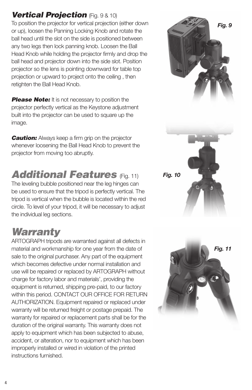 Additional features, Warranty, Vertical projection | Artograph Digital Art Projector Tripod (225-995) User Manual | Page 4 / 12