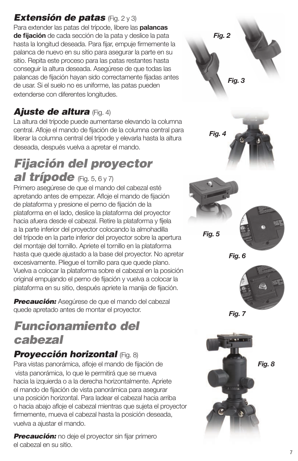 Fijación del proyector al trípode, Funcionamiento del cabezal, Extensión de patas | Ajuste de altura, Proyección horizontal | Artograph Digital Art Projector Tripod (225-995) User Manual | Page 7 / 12