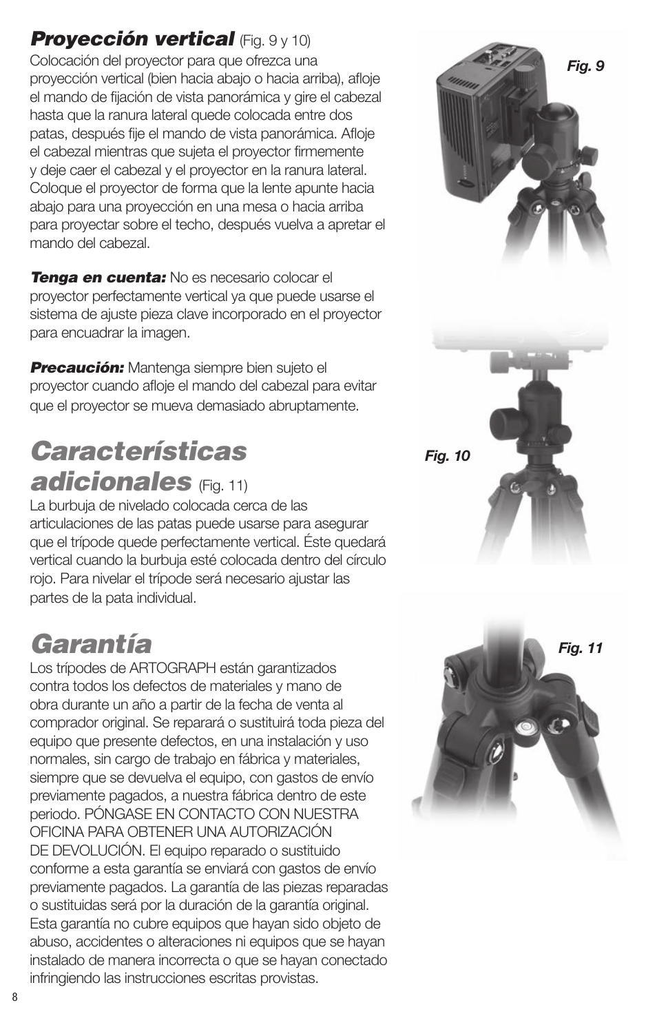 Características adicionales, Garantía | Artograph Digital Art Projector Tripod (225-995) User Manual | Page 8 / 12