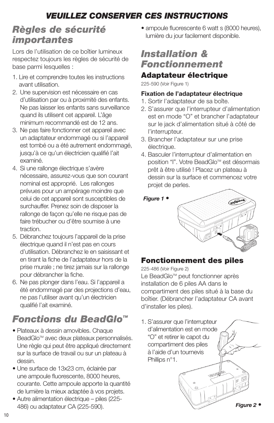 Règles de sécurité importantes, Fonctions du beadglo, Installation & fonctionnement | Veuillez conserver ces instructions, Adaptateur électrique, Fonctionnement des piles | Artograph BEADGLO Light Box User Manual | Page 10 / 12