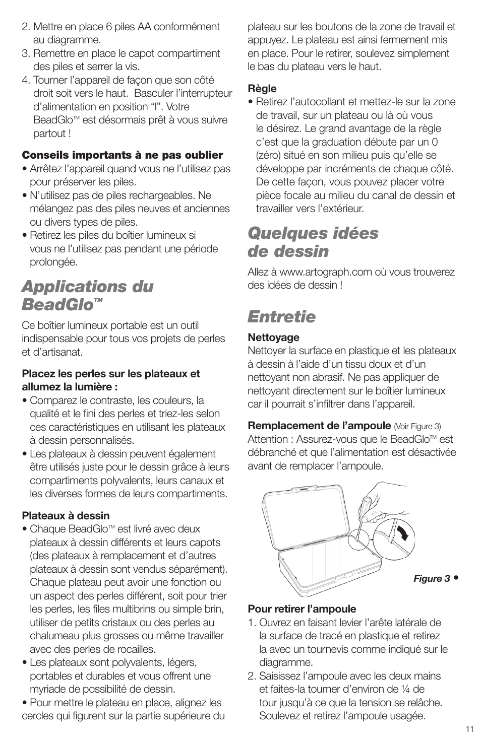Applications du beadglo, Quelques idées de dessin, Entretie | Artograph BEADGLO Light Box User Manual | Page 11 / 12