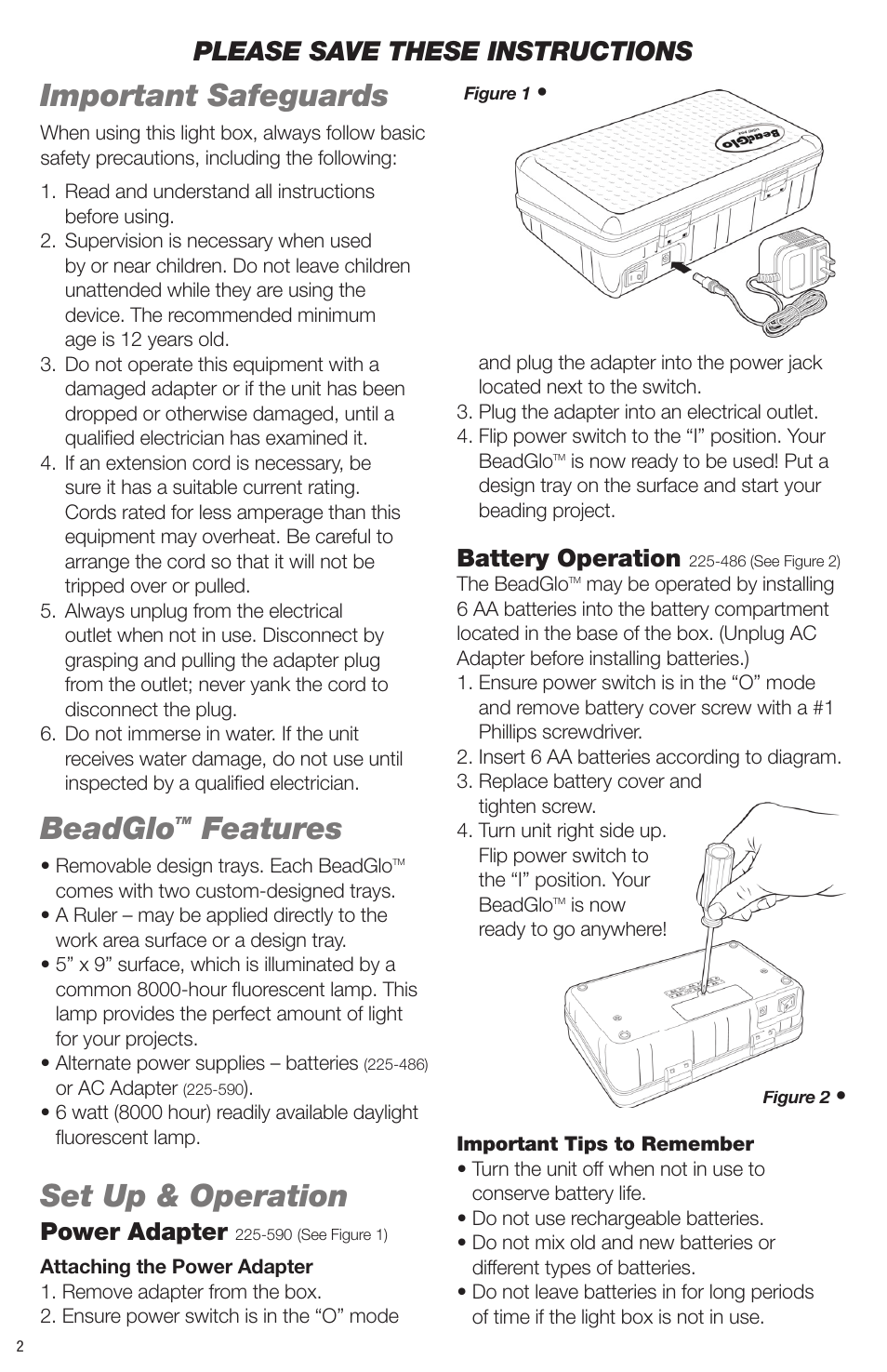 Important safeguards, Beadglo, Features | Set up & operation, Please save these instructions, Power adapter, Battery operation | Artograph BEADGLO Light Box User Manual | Page 2 / 12