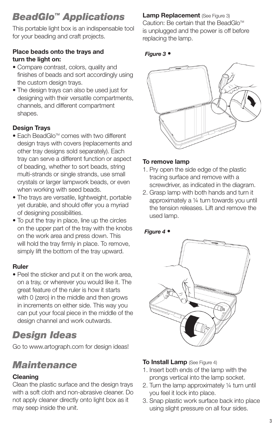 Beadglo, Applications, Design ideas | Maintenance | Artograph BEADGLO Light Box User Manual | Page 3 / 12