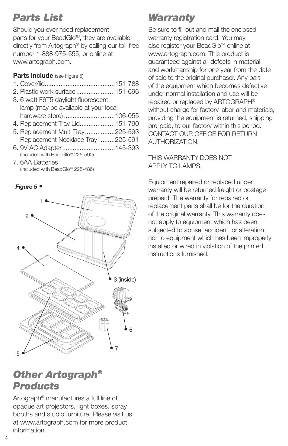 Parts list, Other artograph, Products | Warranty | Artograph BEADGLO Light Box User Manual | Page 4 / 12