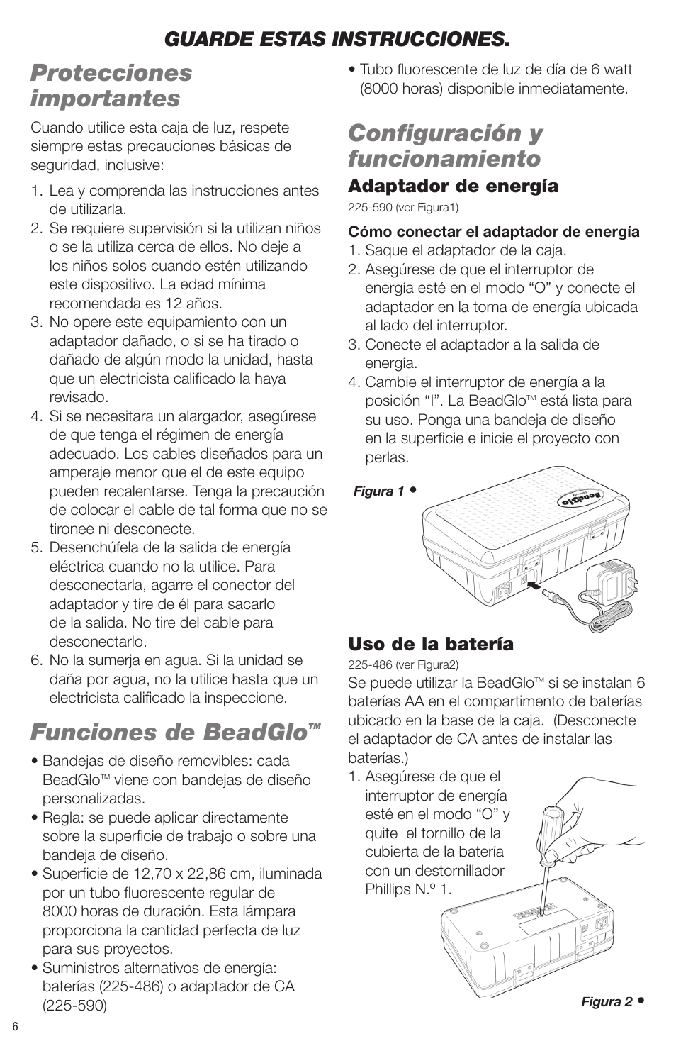 Protecciones importantes, Funciones de beadglo, Confi guración y funcionamiento | Guarde estas instrucciones, Adaptador de energía, Uso de la batería | Artograph BEADGLO Light Box User Manual | Page 6 / 12
