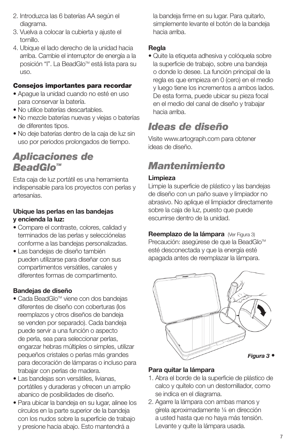 Aplicaciones de beadglo, Ideas de diseño, Mantenimiento | Artograph BEADGLO Light Box User Manual | Page 7 / 12