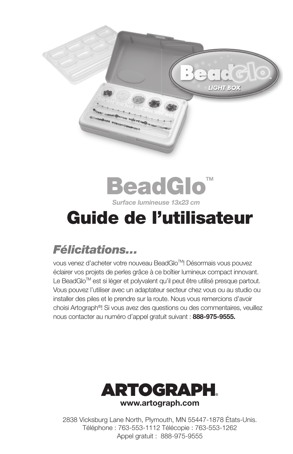 Beadglo, Guide de l’utilisateur, Félicitations | Artograph BEADGLO Light Box User Manual | Page 9 / 12