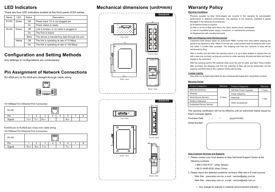 Led indicators, Configuration and setting methods, Mechanical dimensions (unit=mm) | Warranty policy, Pin assignment of network connections | Atop Technology EH2304-PR User Manual | Page 2 / 2