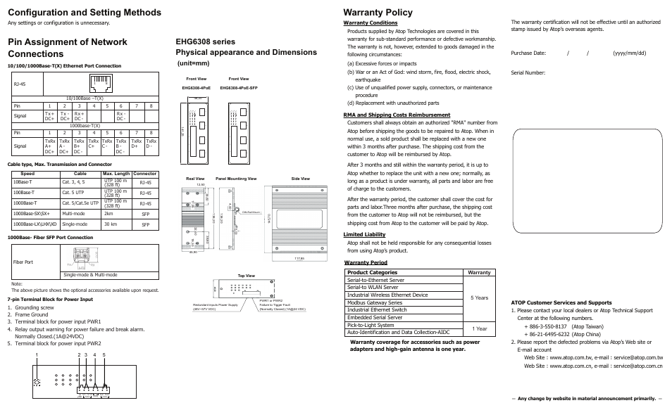 Warranty policy, Configuration and setting methods, Pin assignment of network connections | Ehg6308 series physical appearance and dimensions, Unit=mm), Any settings or configuration is unnecessary | Atop Technology EHG6308 Series User Manual | Page 2 / 2