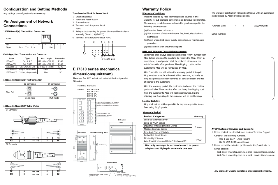 Warranty policy, Configuration and setting methods, Pin assignment of network connections | Eh7310 series mechanical dimensions(unit=mm) | Atop Technology EH7310 Series User Manual | Page 2 / 2