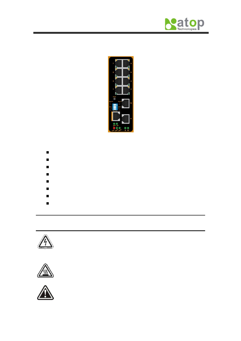 4 power requirements, 5 environmental limitations, 6 led indicators | 3 hardware features, Caution | Atop Technology EH7510 User manual User Manual | Page 10 / 120