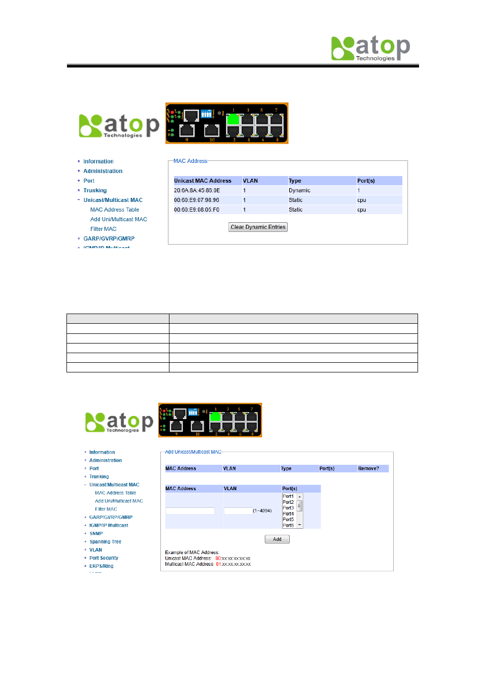 2 add uni/multicast mac, 3 filter mac, 1 mac address table | Atop Technology EH7510 User manual User Manual | Page 38 / 120