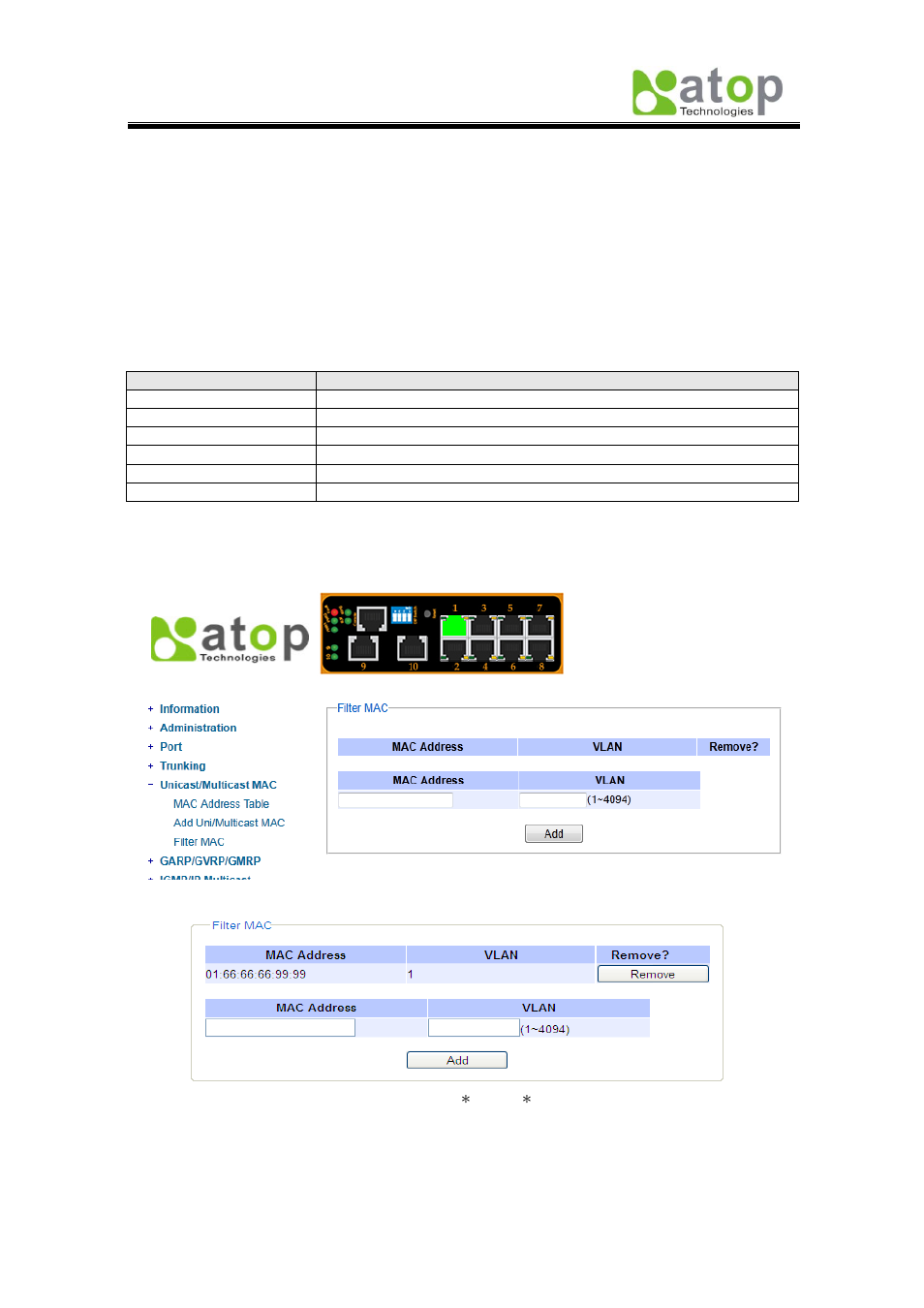 7 garp/gvrp/gmrp, 3 filter mac | Atop Technology EH7510 User manual User Manual | Page 39 / 120