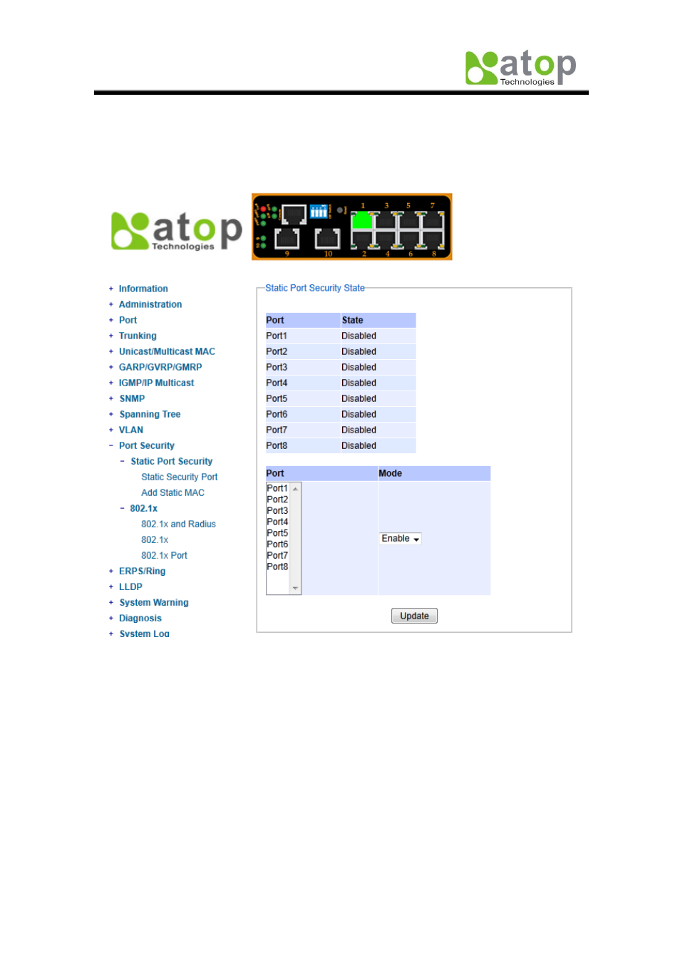 12 port security, 1 static port security | Atop Technology EH7510 User manual User Manual | Page 65 / 120