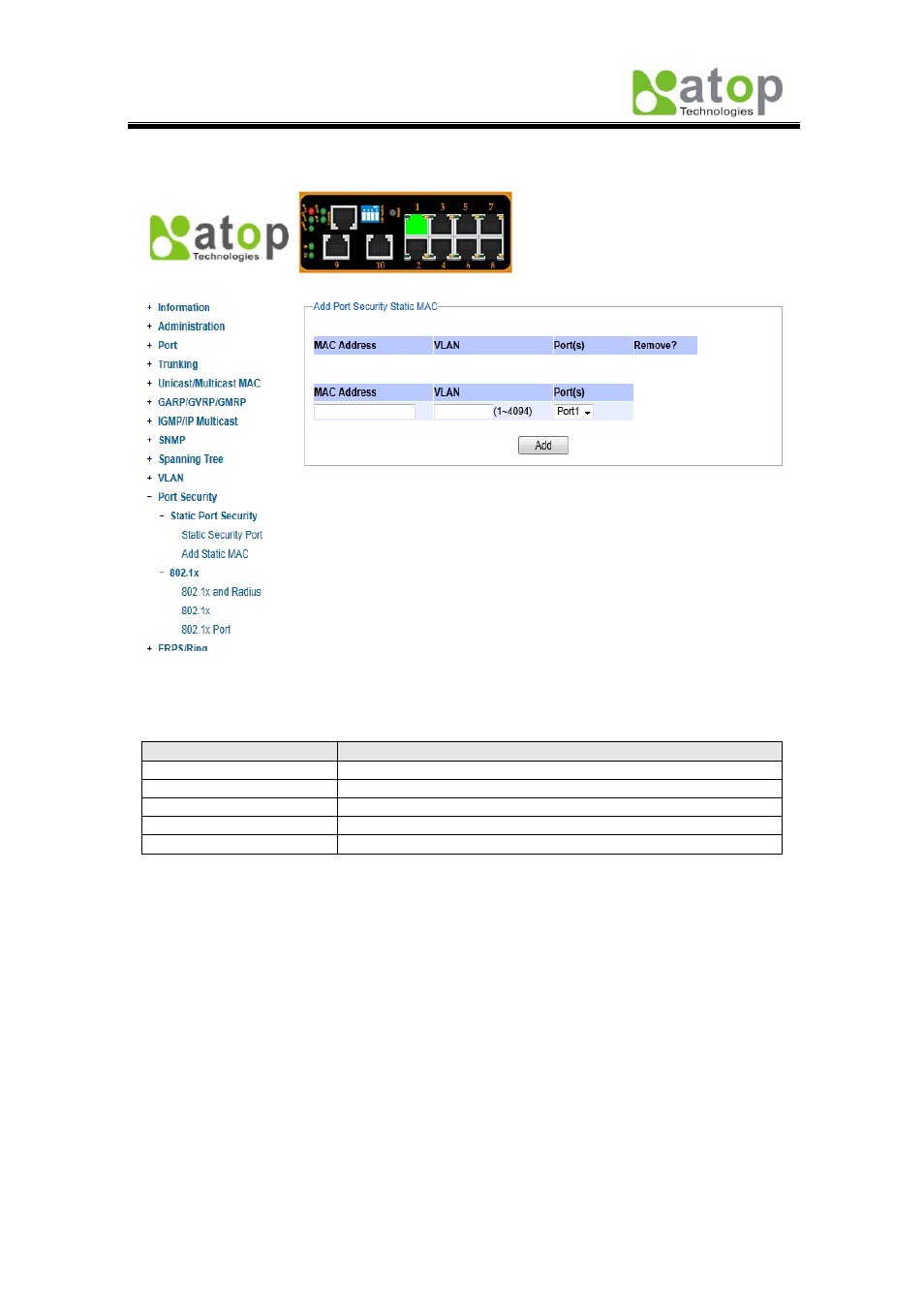 3 802.1x and radius, 2 add static mac | Atop Technology EH7510 User manual User Manual | Page 67 / 120
