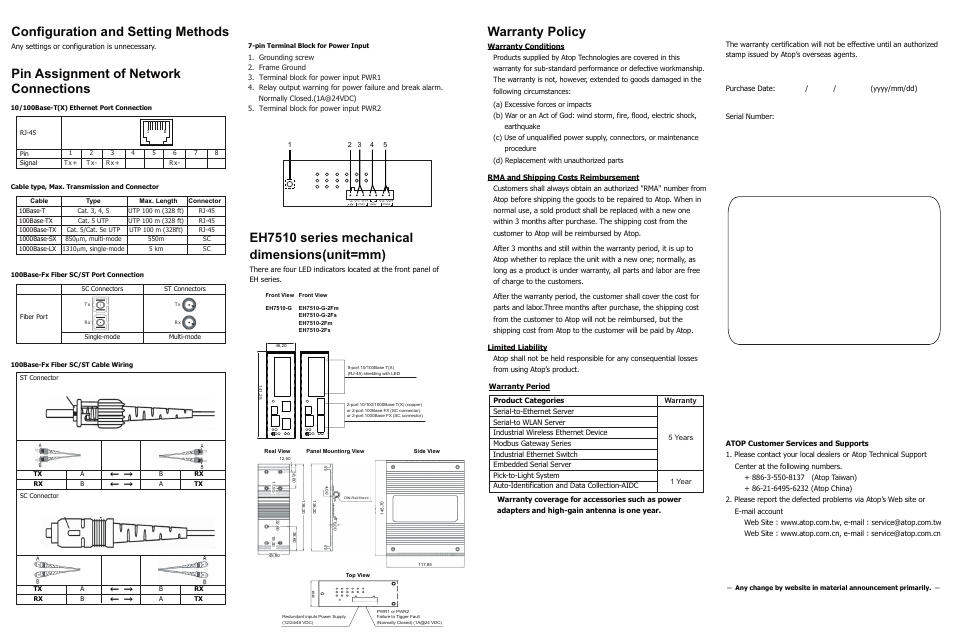 Warranty policy, Configuration and setting methods, Pin assignment of network connections | Eh7510 series mechanical dimensions(unit=mm) | Atop Technology EH7510 Installation Guide User Manual | Page 2 / 2