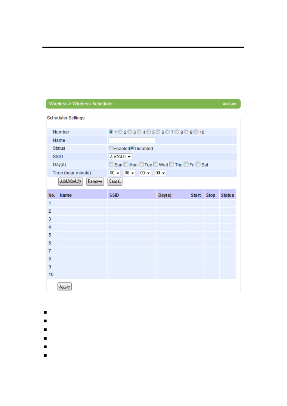 7 wireless scheduler settings, Wireless scheduler settings | Atop Technology AW5500 User manual User Manual | Page 43 / 104