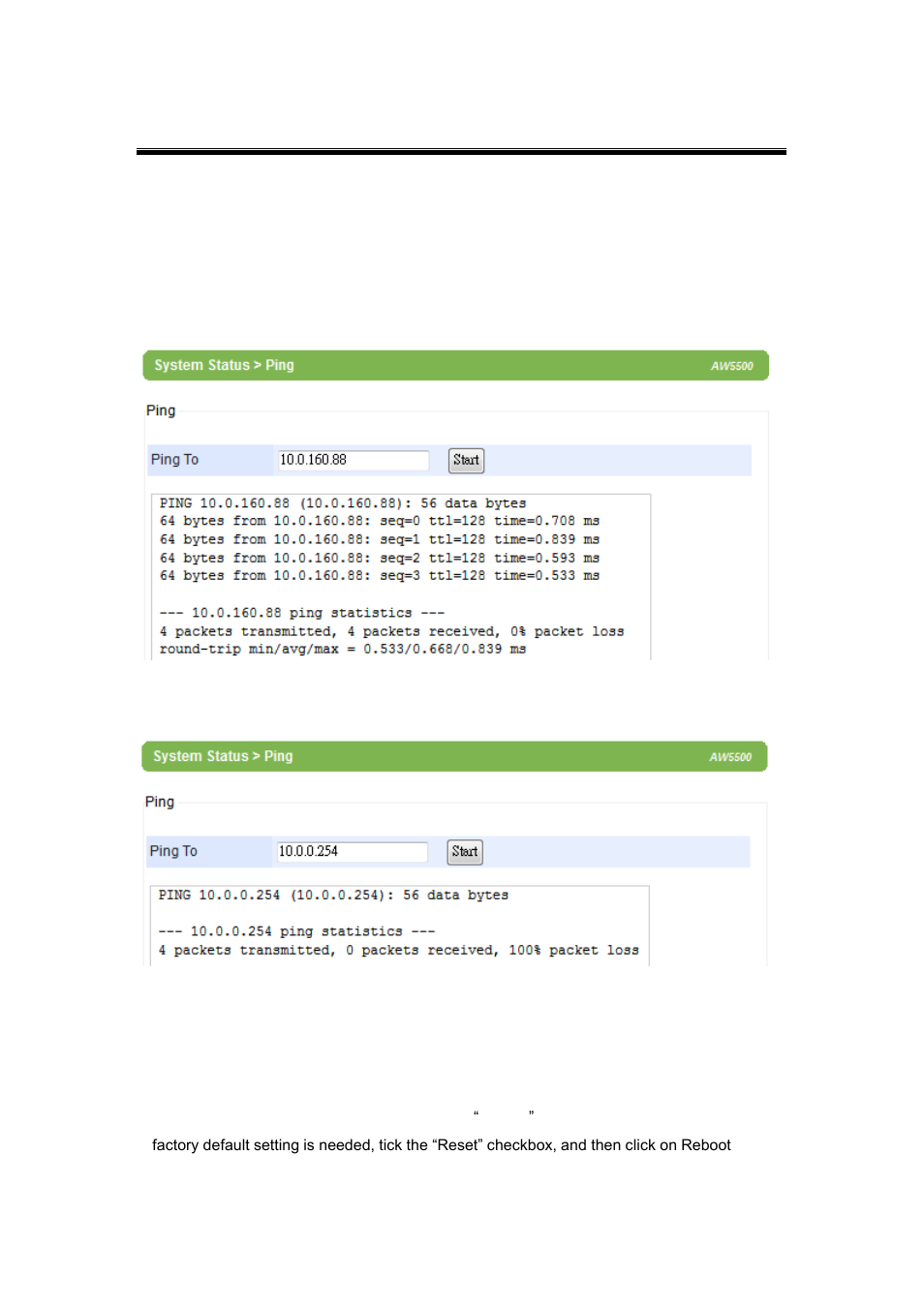 6 ping, 13 reboot and restore default settings, Ping | Reboot and restore default settings, Reboot, And restore default settings | Atop Technology AW5500 User manual User Manual | Page 73 / 104