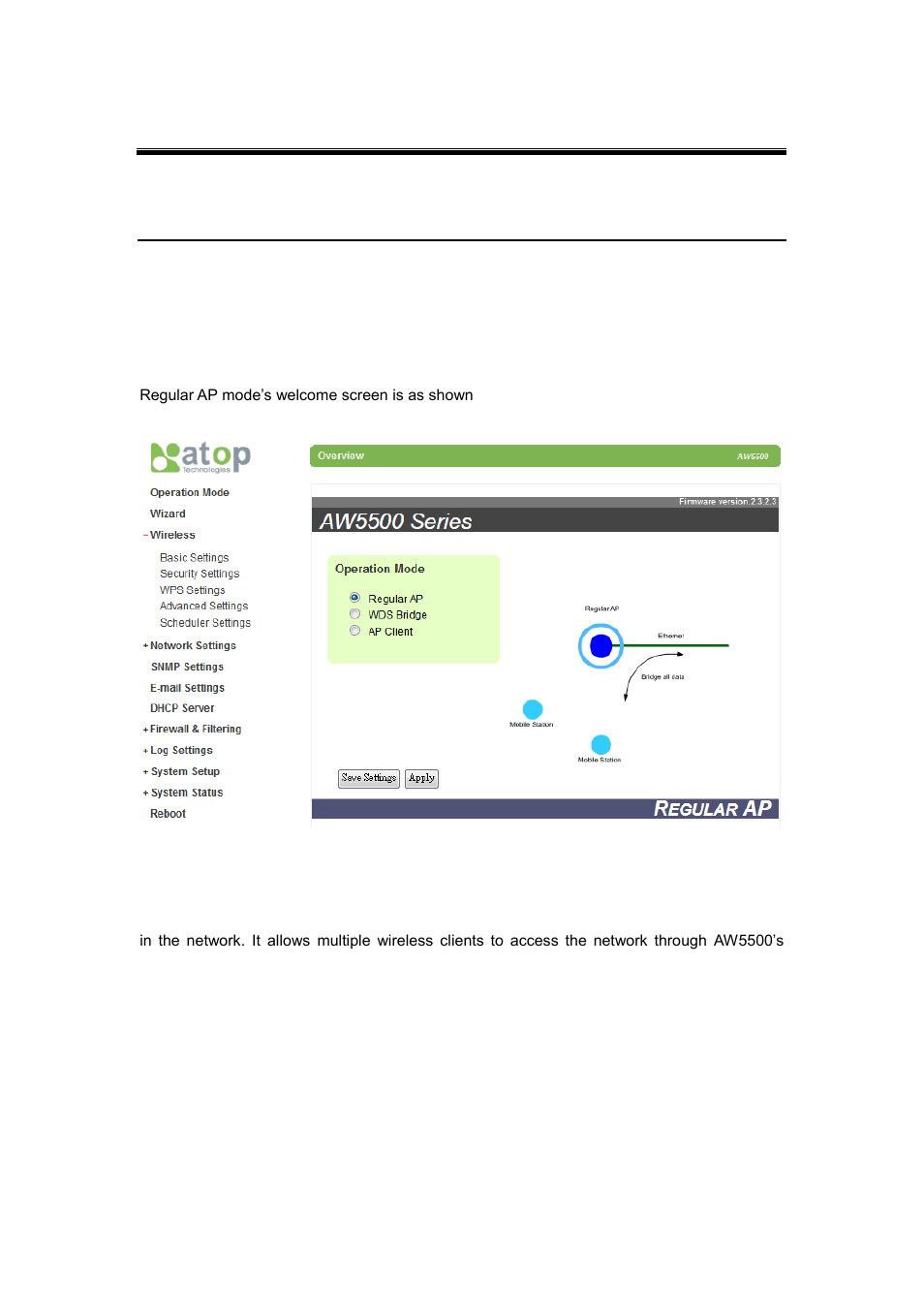 5 operation modes, 1 regular ap mode, Operation modes | Regular ap mode | Atop Technology AW5500 User manual User Manual | Page 75 / 104