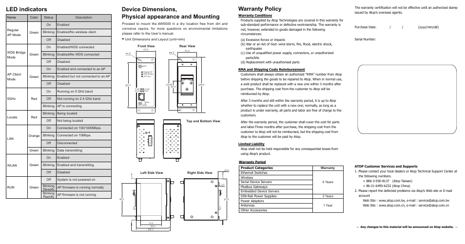 Warranty policy, Led indicators | Atop Technology AW5500 Installation Guide User Manual | Page 2 / 2