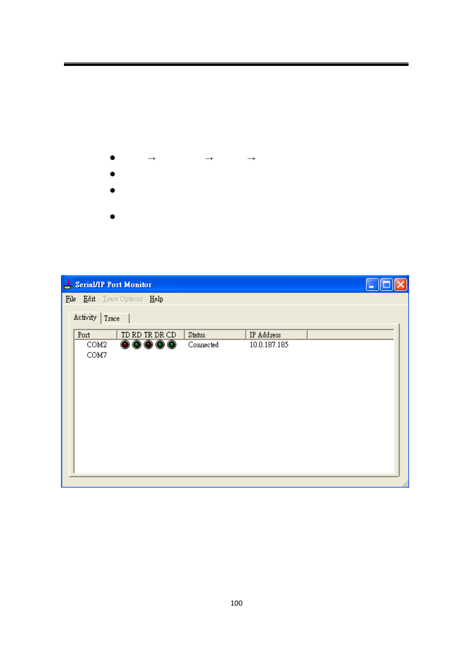 4 using serial/ip port monitor, 1 opening the port monitor, 2 the activity panel | Using serial/ip port monitor, Opening the port monitor, The activity panel | Atop Technology SW550X User manual User Manual | Page 106 / 125