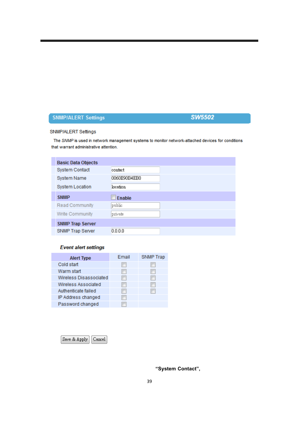 9 snmp/alert settings, Snmp/alert settings | Atop Technology SW550X User manual User Manual | Page 45 / 125