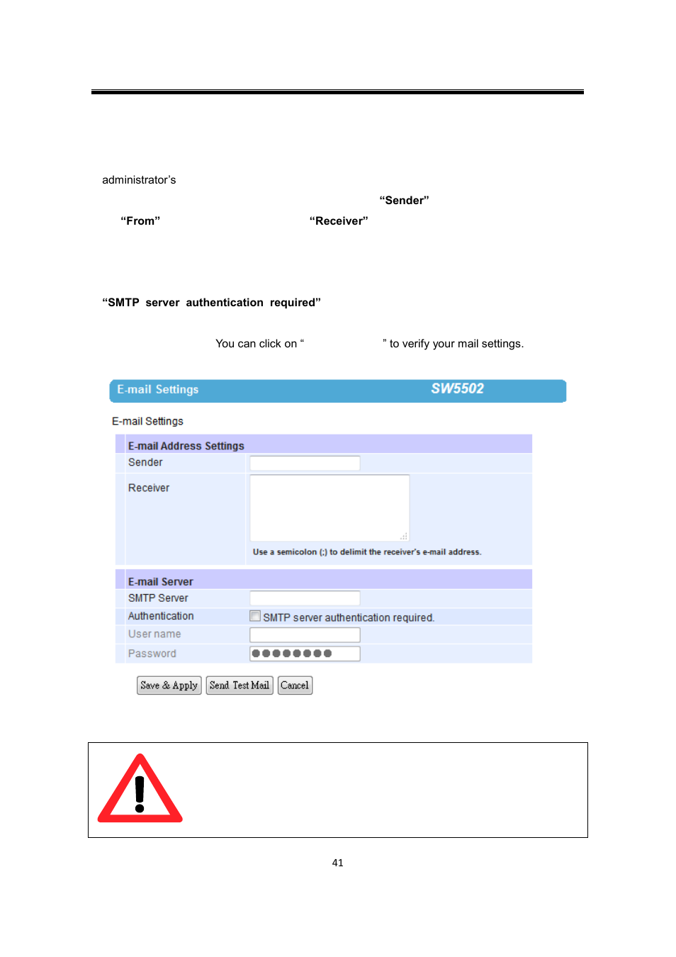 10 e-mail settings, E-mail settings, Attention | Atop Technology SW550X User manual User Manual | Page 47 / 125