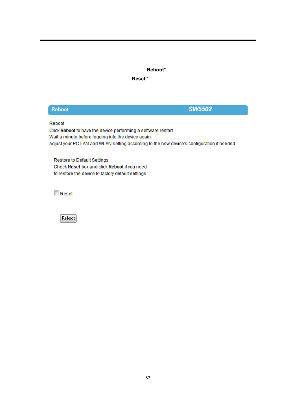 13 reboot and restore default settings, Reboot and restore default settings | Atop Technology SW550X User manual User Manual | Page 58 / 125