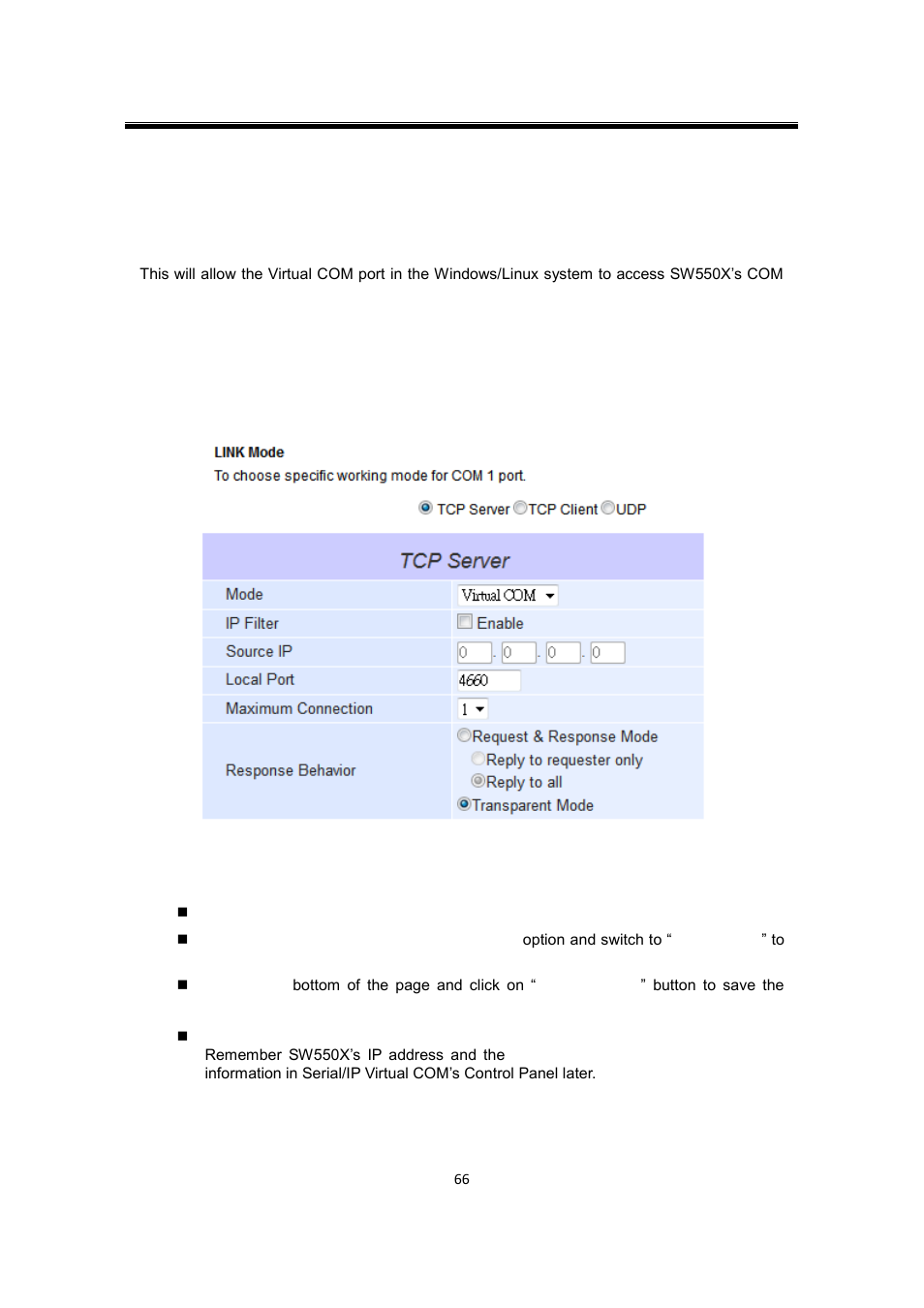 2 link mode applications, 1 tcp server application: enable virtual com, Link mode applications | Tcp server application: enable virtual com | Atop Technology SW550X User manual User Manual | Page 72 / 125