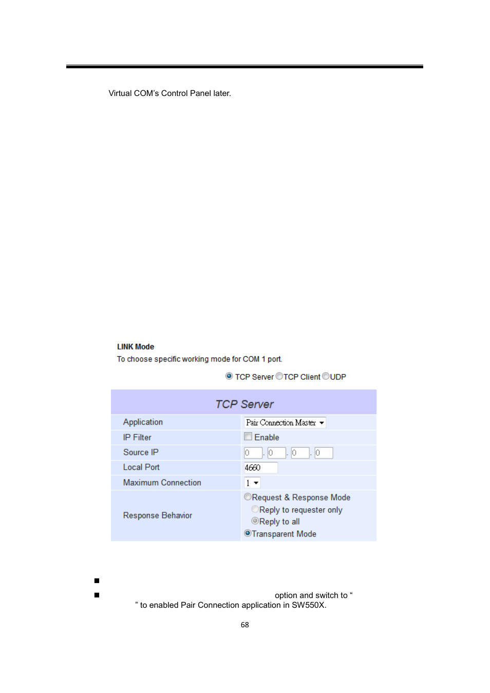 4 tcp client application: enable rfc 2217, Tcp client application: enable rfc 2217, Tcp server application: configure sw550x as a pair | Connection master | Atop Technology SW550X User manual User Manual | Page 74 / 125