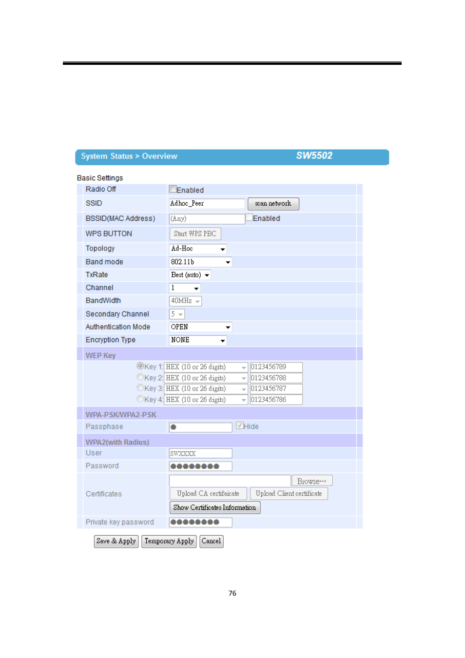 3 wireless topology, 1 configure sw550x as a wireless ad-hoc peer, Wireless topology | Configure sw550x as a wireless ad-hoc peer | Atop Technology SW550X User manual User Manual | Page 82 / 125