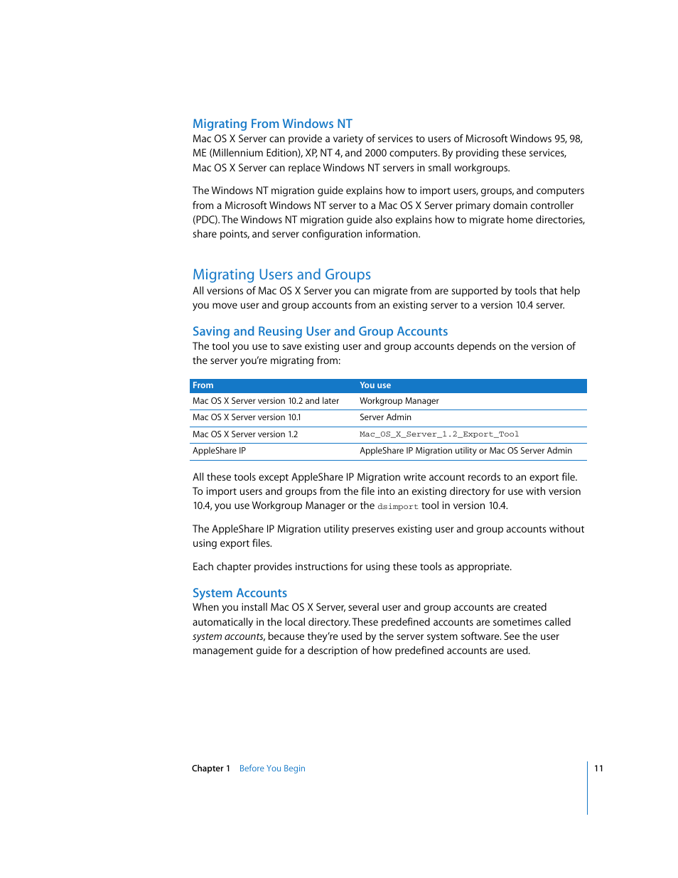 Migrating from windows nt, Migrating users and groups, Saving and reusing user and group accounts | System accounts | Apple Mac OS X Server (Upgrading and Migrating For Version 10.4 or Later) User Manual | Page 11 / 97