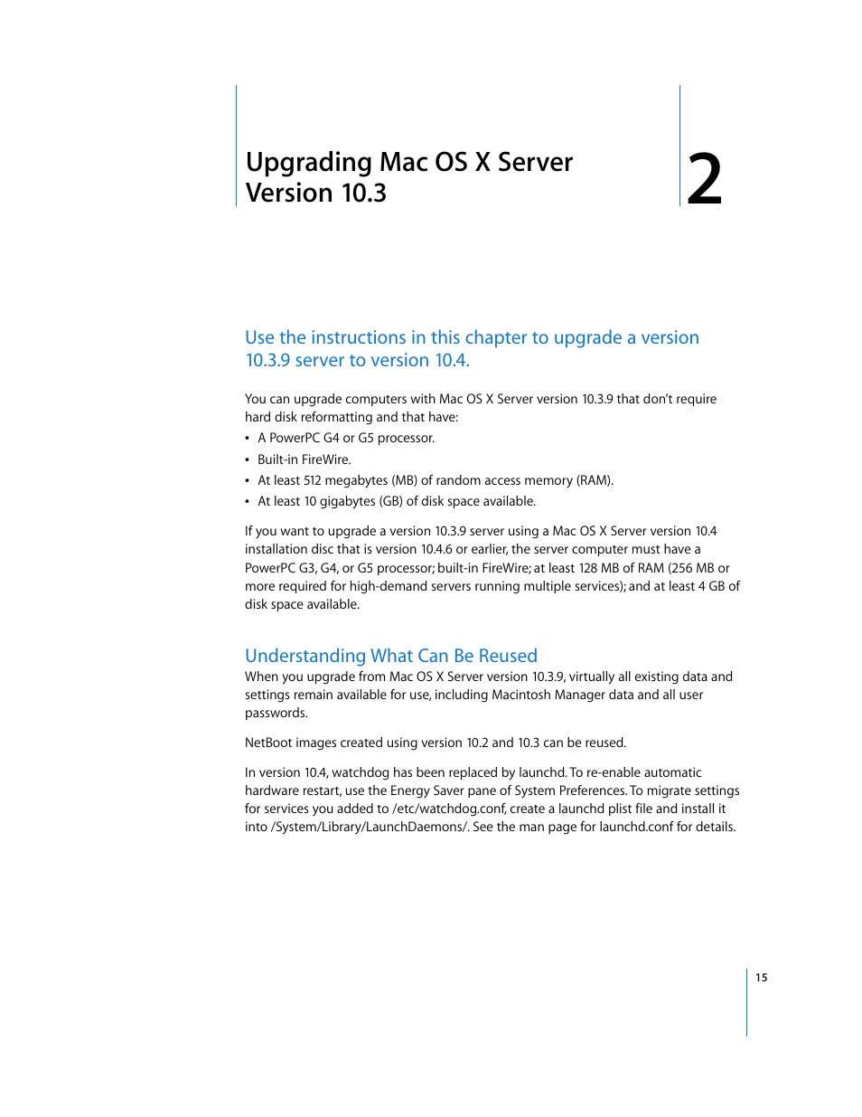 Upgrading macosx server version 10.3, Understanding what can be reused, Chapter 2 | Upgrading mac os x server version 10.3 | Apple Mac OS X Server (Upgrading and Migrating For Version 10.4 or Later) User Manual | Page 15 / 97