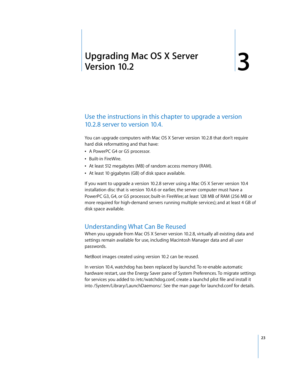 Upgrading macosx server version 10.2, Understanding what can be reused, Chapter 3 | Upgrading mac os x server version 10.2 | Apple Mac OS X Server (Upgrading and Migrating For Version 10.4 or Later) User Manual | Page 23 / 97