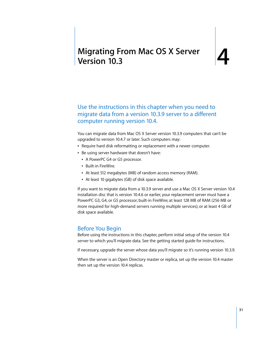 Migrating from macosx server version 10.3, Before you begin, Chapter 4 | Migrating from mac os x server version 10.3 | Apple Mac OS X Server (Upgrading and Migrating For Version 10.4 or Later) User Manual | Page 31 / 97