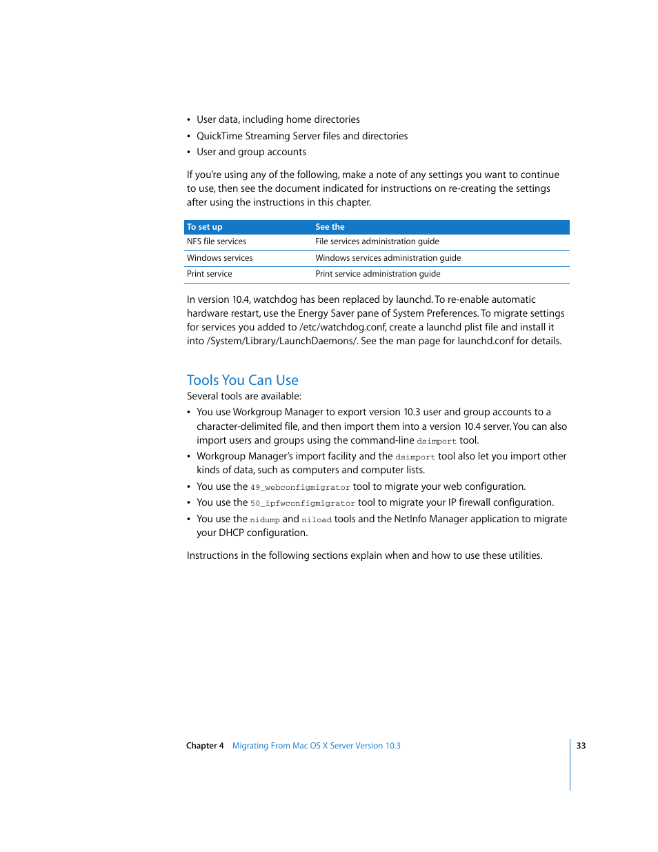 Tools you can use | Apple Mac OS X Server (Upgrading and Migrating For Version 10.4 or Later) User Manual | Page 33 / 97