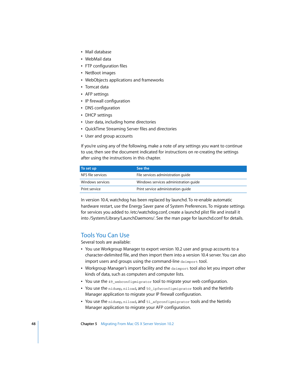 Tools you can use | Apple Mac OS X Server (Upgrading and Migrating For Version 10.4 or Later) User Manual | Page 48 / 97