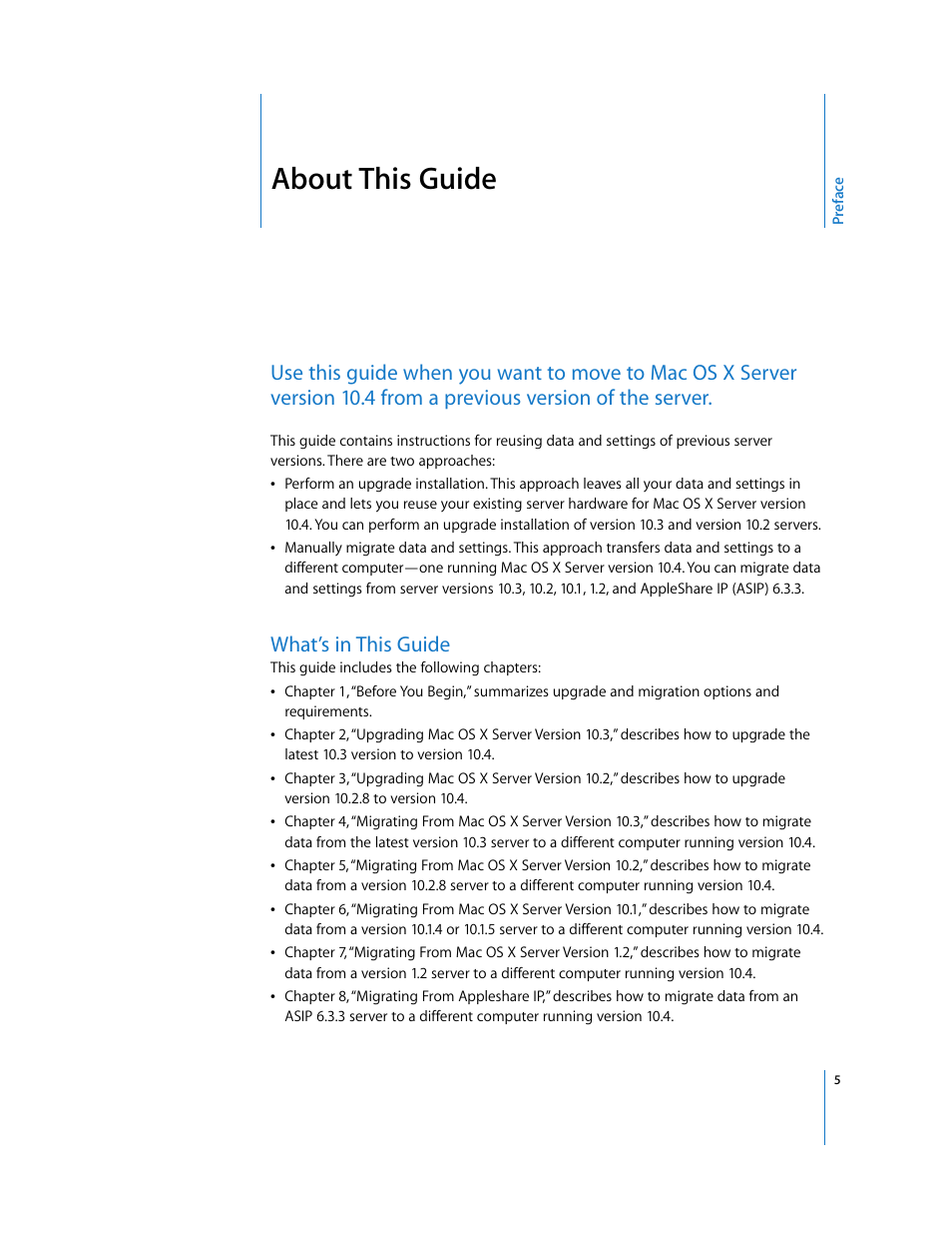 About this guide, What’s in this guide, Preface | Apple Mac OS X Server (Upgrading and Migrating For Version 10.4 or Later) User Manual | Page 5 / 97