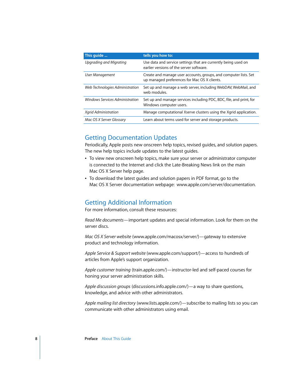 Getting documentation updates, Getting additional information | Apple Mac OS X Server (Upgrading and Migrating For Version 10.4 or Later) User Manual | Page 8 / 97