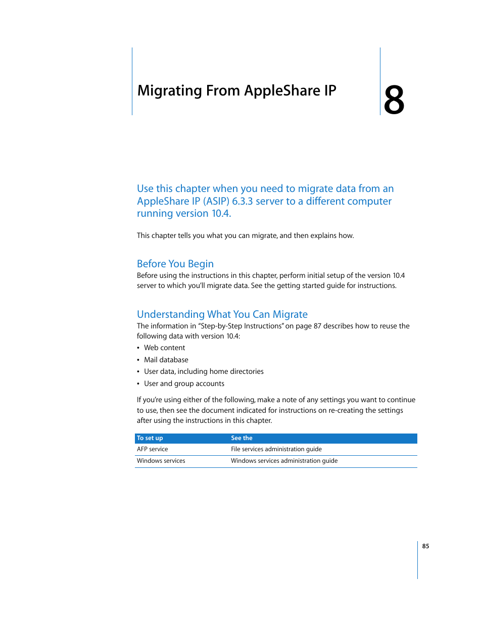 Migrating from appleshare ip, Before you begin, Understanding what you can migrate | Chapter 8 | Apple Mac OS X Server (Upgrading and Migrating For Version 10.4 or Later) User Manual | Page 85 / 97