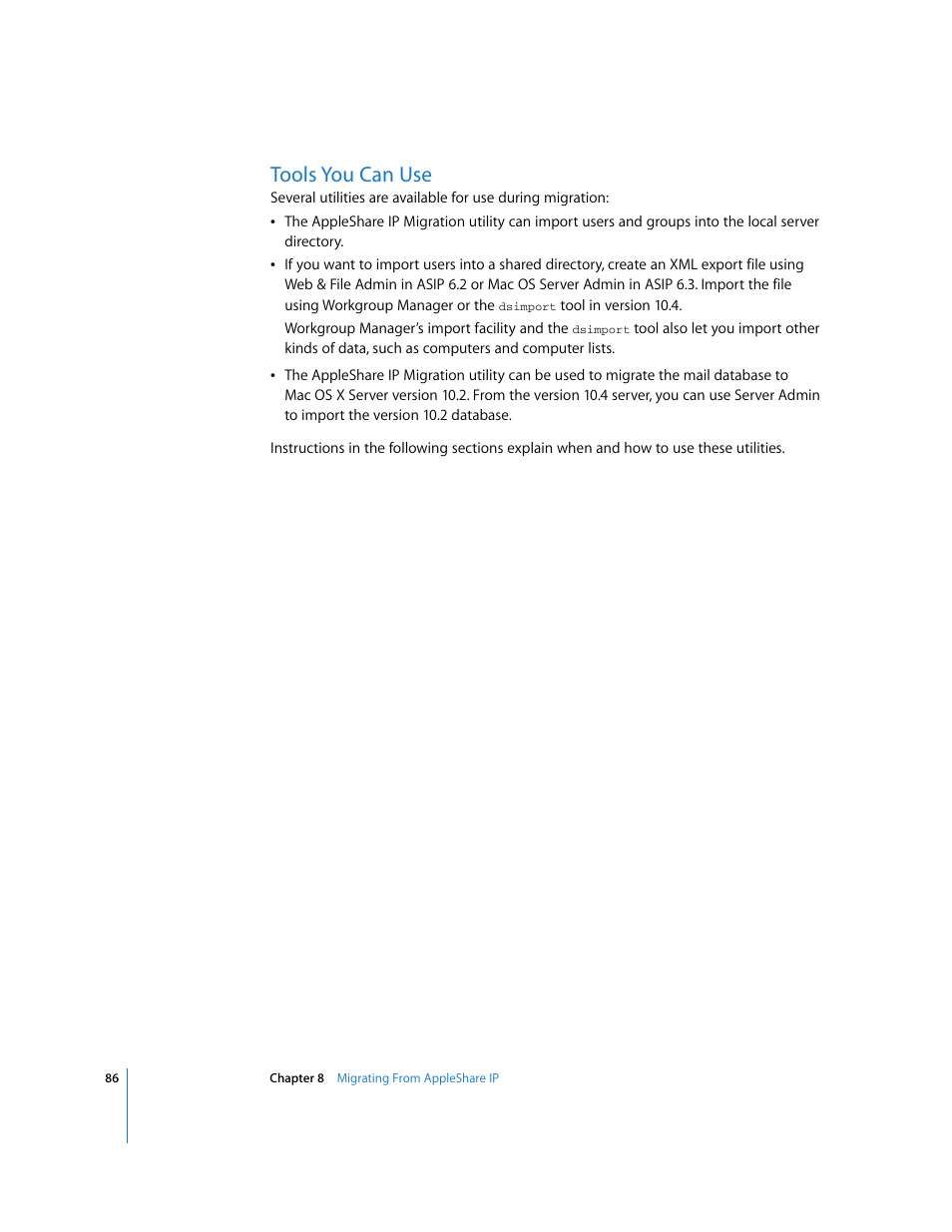 Tools you can use | Apple Mac OS X Server (Upgrading and Migrating For Version 10.4 or Later) User Manual | Page 86 / 97