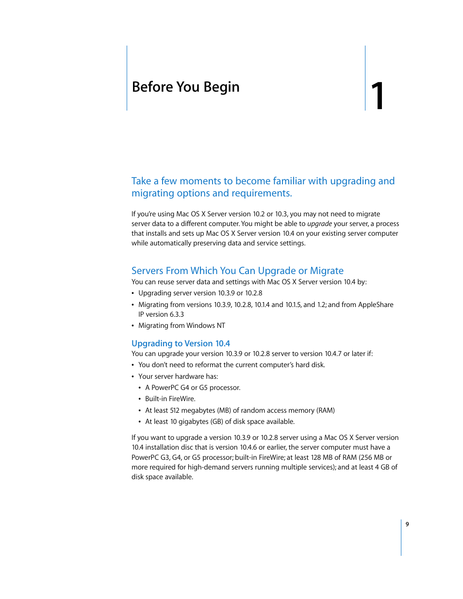 Before you begin, Servers from which you can upgrade or migrate, Upgrading to version 10.4 | Chapter 1 | Apple Mac OS X Server (Upgrading and Migrating For Version 10.4 or Later) User Manual | Page 9 / 97