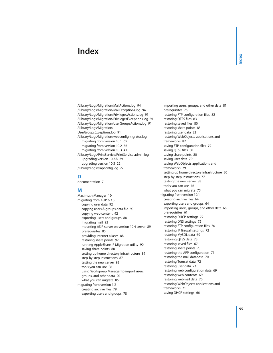 Index | Apple Mac OS X Server (Upgrading and Migrating For Version 10.4 or Later) User Manual | Page 95 / 97