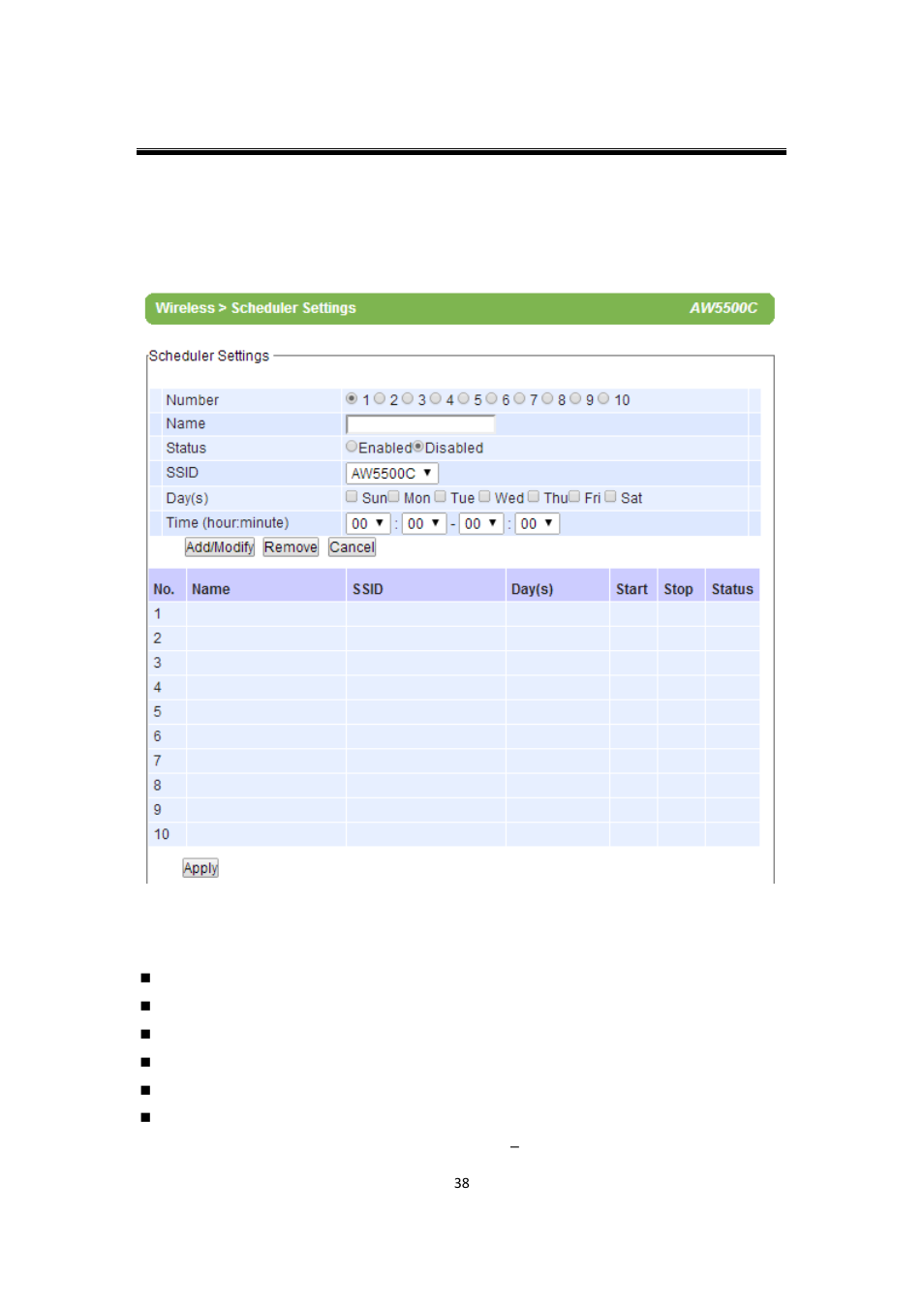 7 wireless scheduler settings, Wireless scheduler settings | Atop Technology AW5500C User manual User Manual | Page 43 / 104